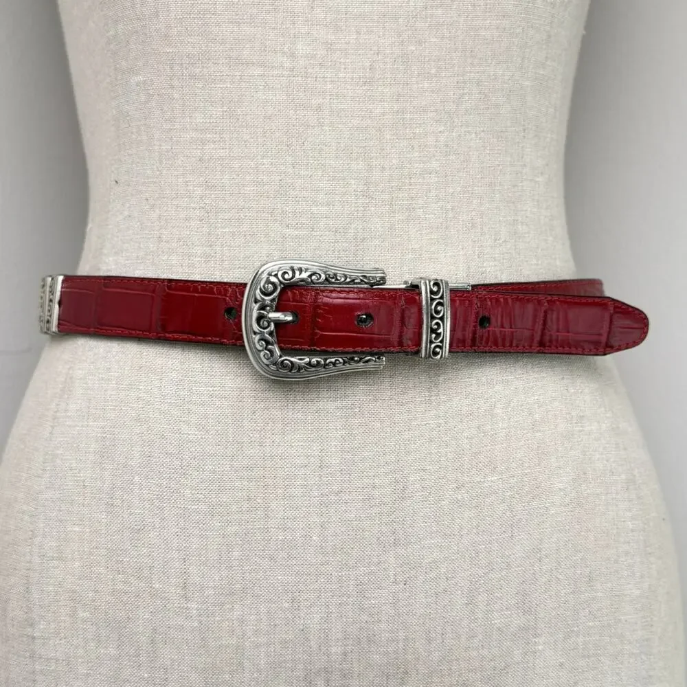 Brighton Reversible Leather Belt Red Black Croc M 30 Western Silver Tone Buckle